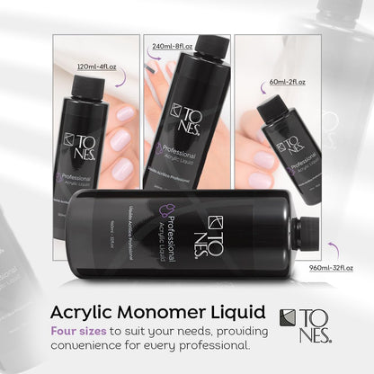 Tones brand premium EMA monomer liquid highlighting the UV inhibitors and superior adhesion features