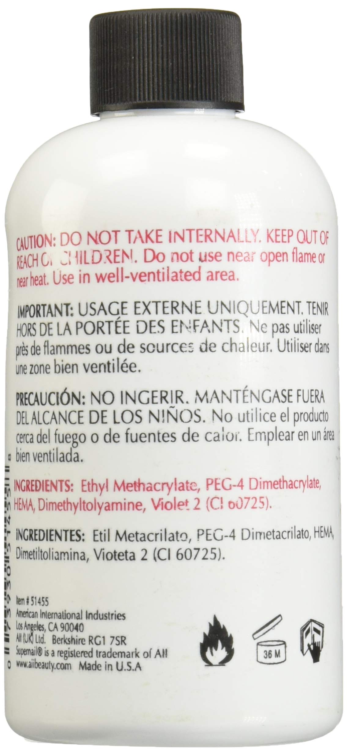 Super Nail non-yellowing acrylic monomer liquid bottle showing professional ingredient list and warnings