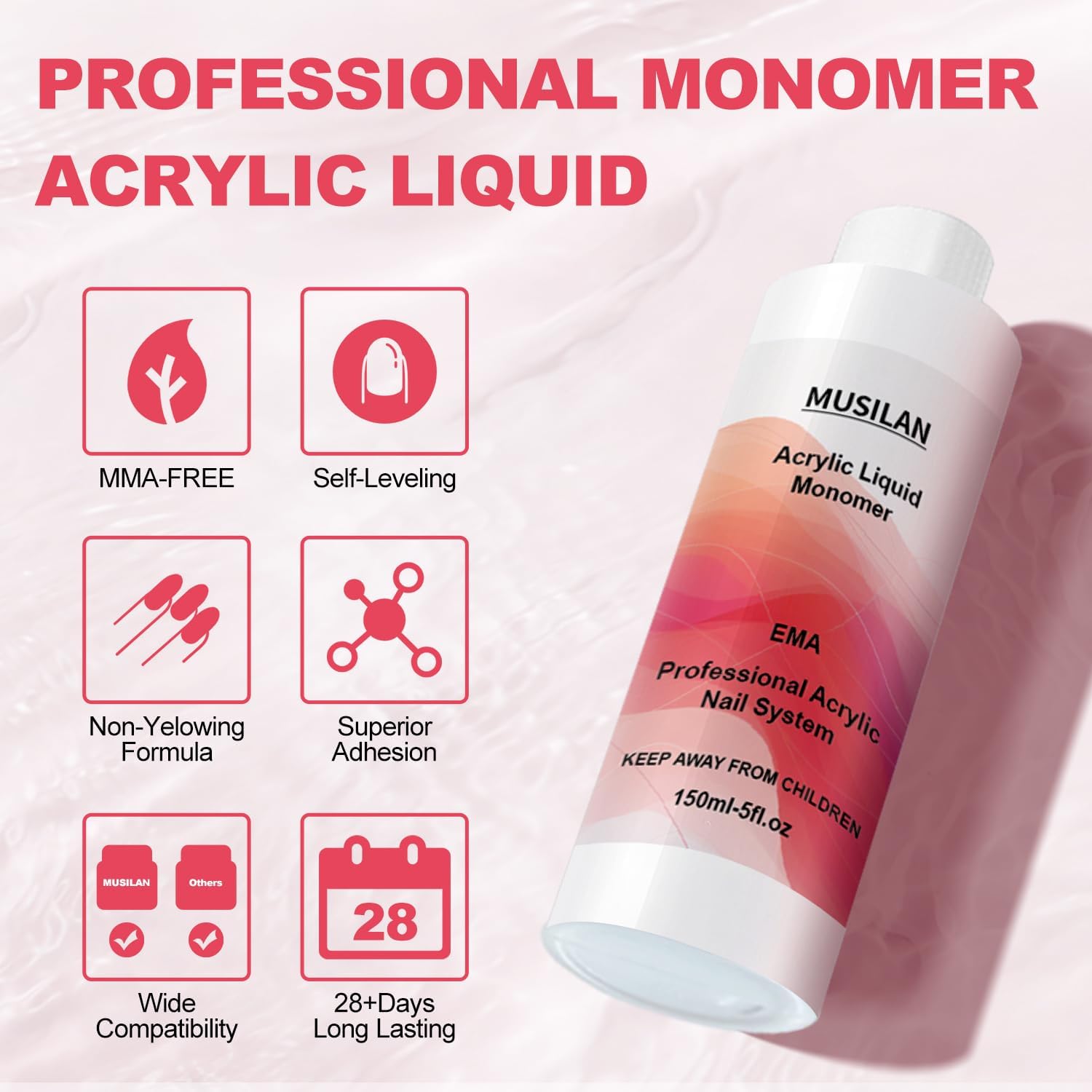 Professional acrylic liquid monomer bottle alongside three included premium sculpting brushes.