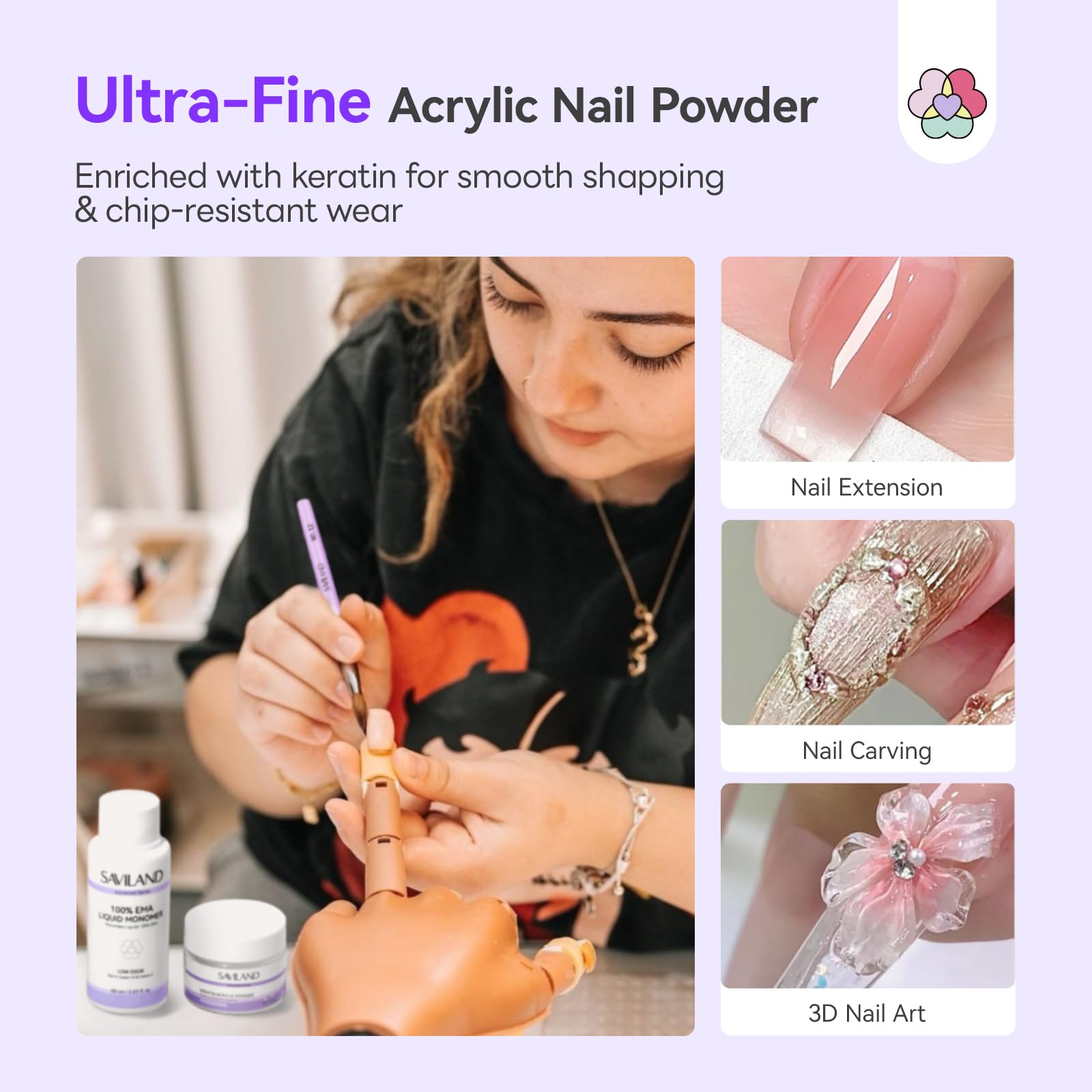 Saviland advanced series MMA-free liquid monomer and keratin-infused clear acrylic powder for professional nail art