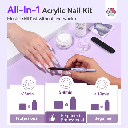Saviland clear acrylic powder and liquid set showing packaging box and contents for nail decoration