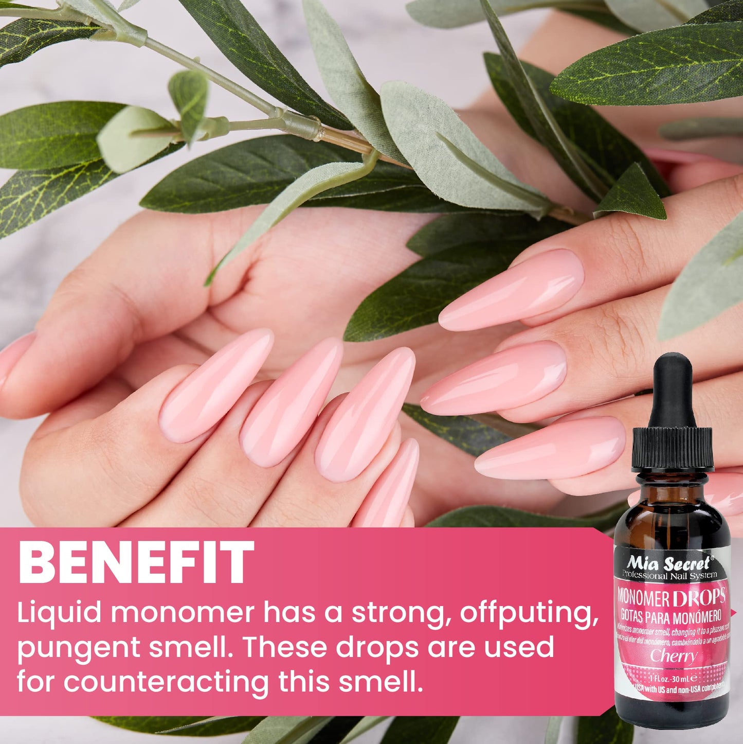 One ounce bottle of Mia Secret cherry scented liquid monomer odor neutralizer