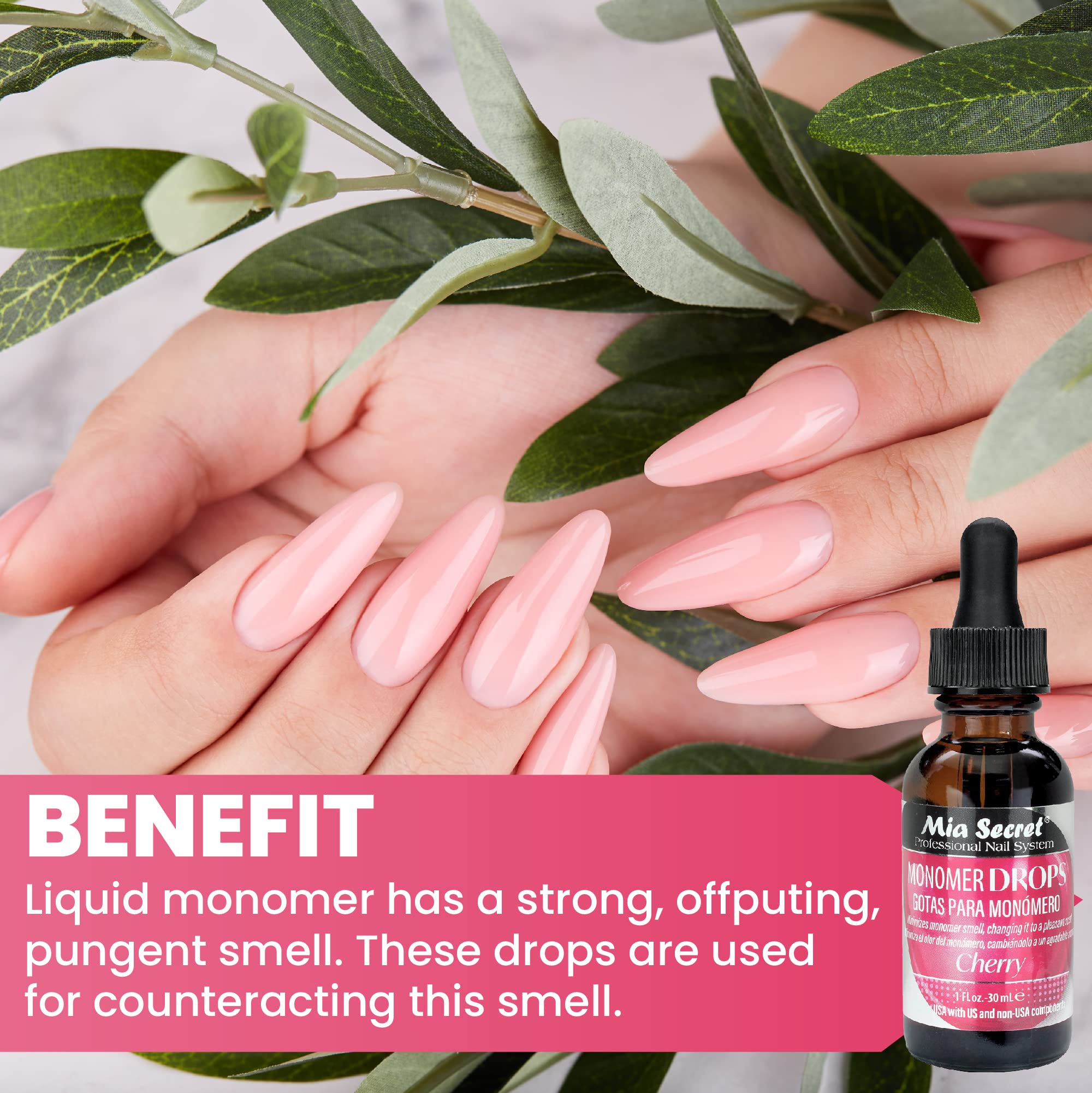 One ounce bottle of Mia Secret cherry scented liquid monomer odor neutralizer