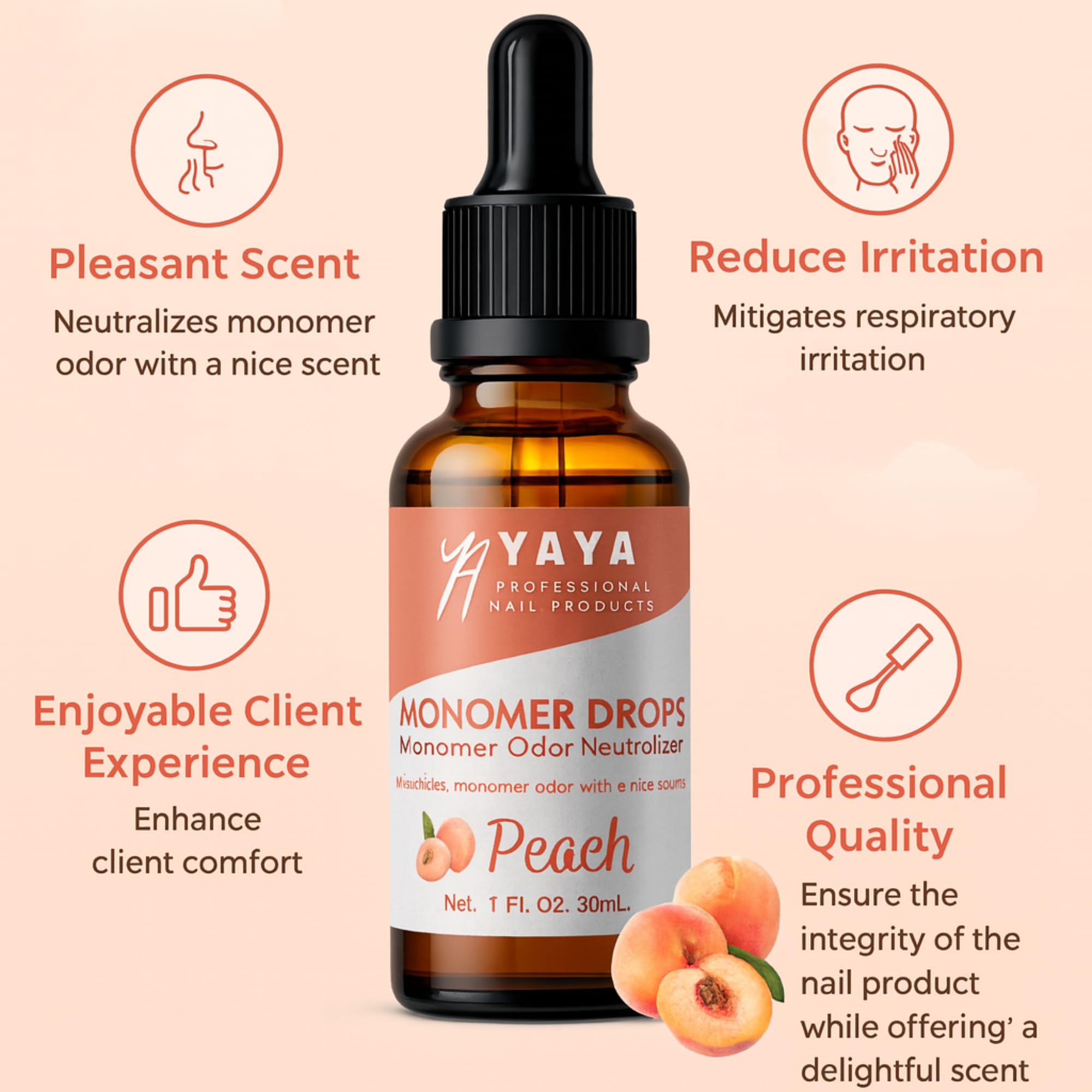 Liquid monomer odor neutralizer peach scent dropper bottle close up