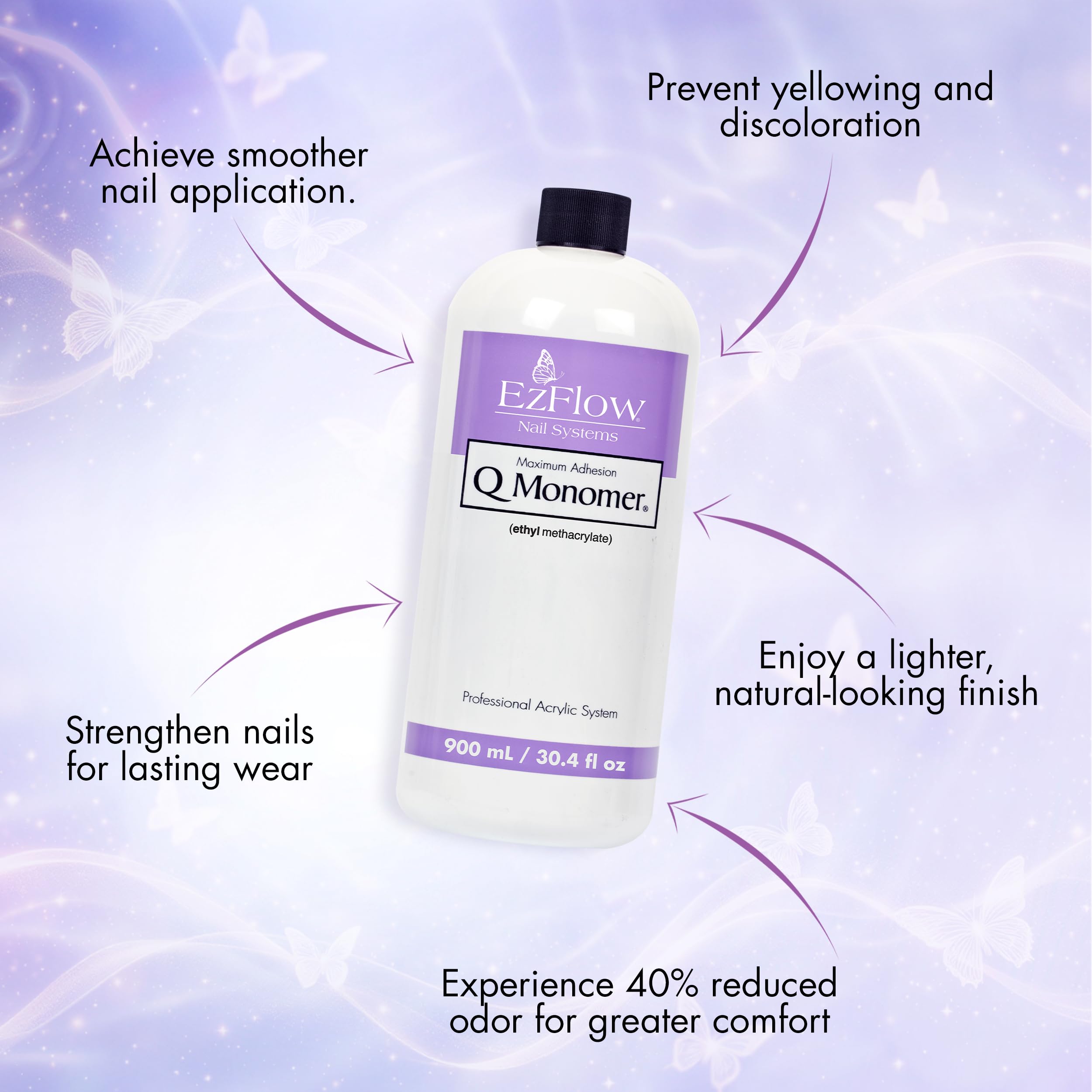 Side profile of EzFlow Q Monomer acrylic liquid showing product details and labels
