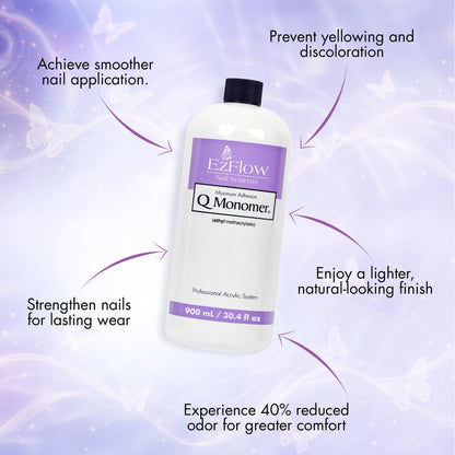 Side profile of EzFlow Q Monomer acrylic liquid showing product details and labels