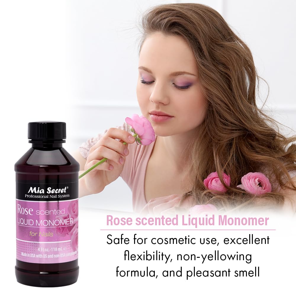 Side angle of the four fluid ounce Mia Secret scented monomer showing professional-grade packaging details.