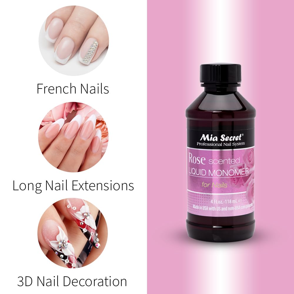 Close up view of the rose scented acrylic liquid bottle showing the brand label and product description.