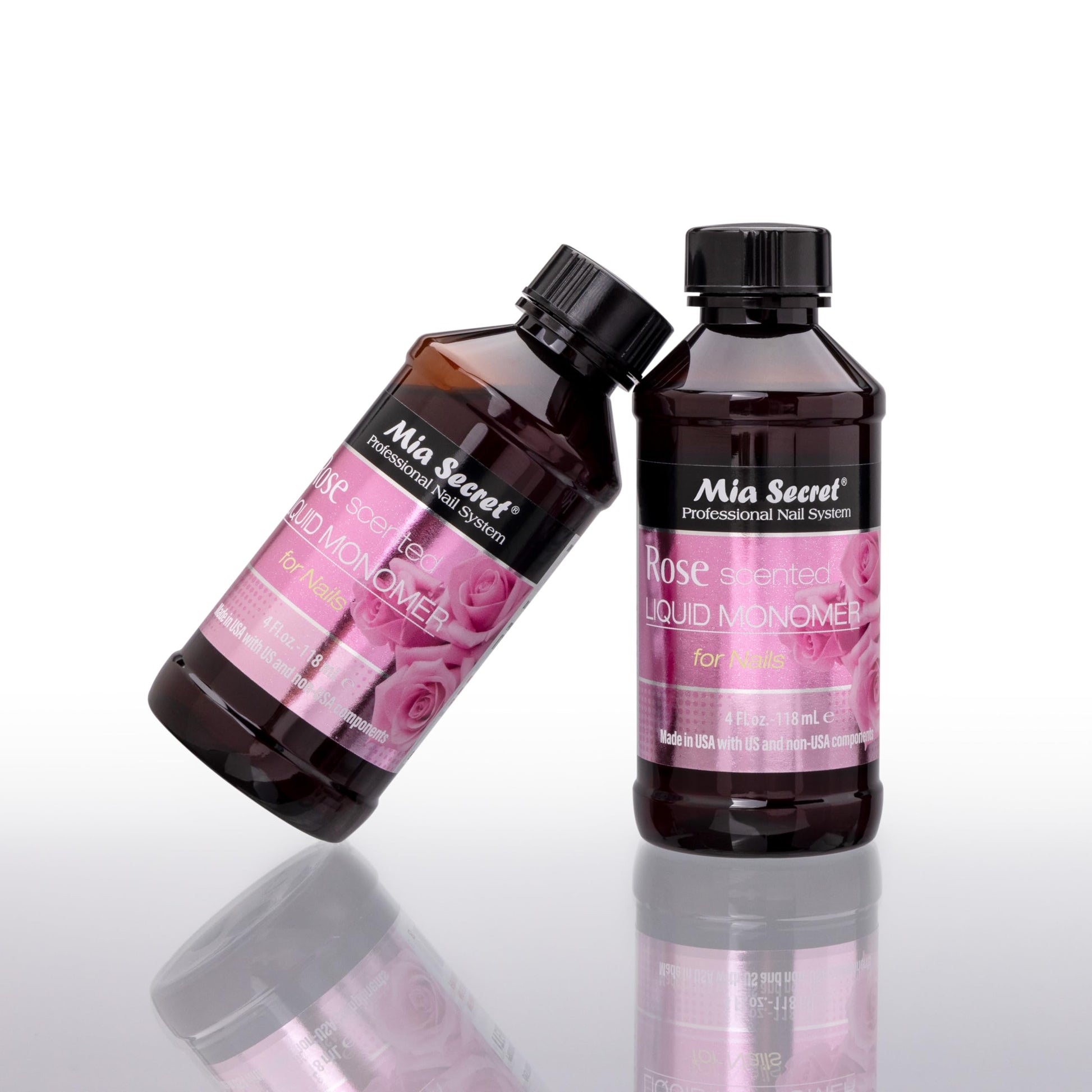 Authentic Mia Secret liquid monomer bottle displayed upright for salon professional use.