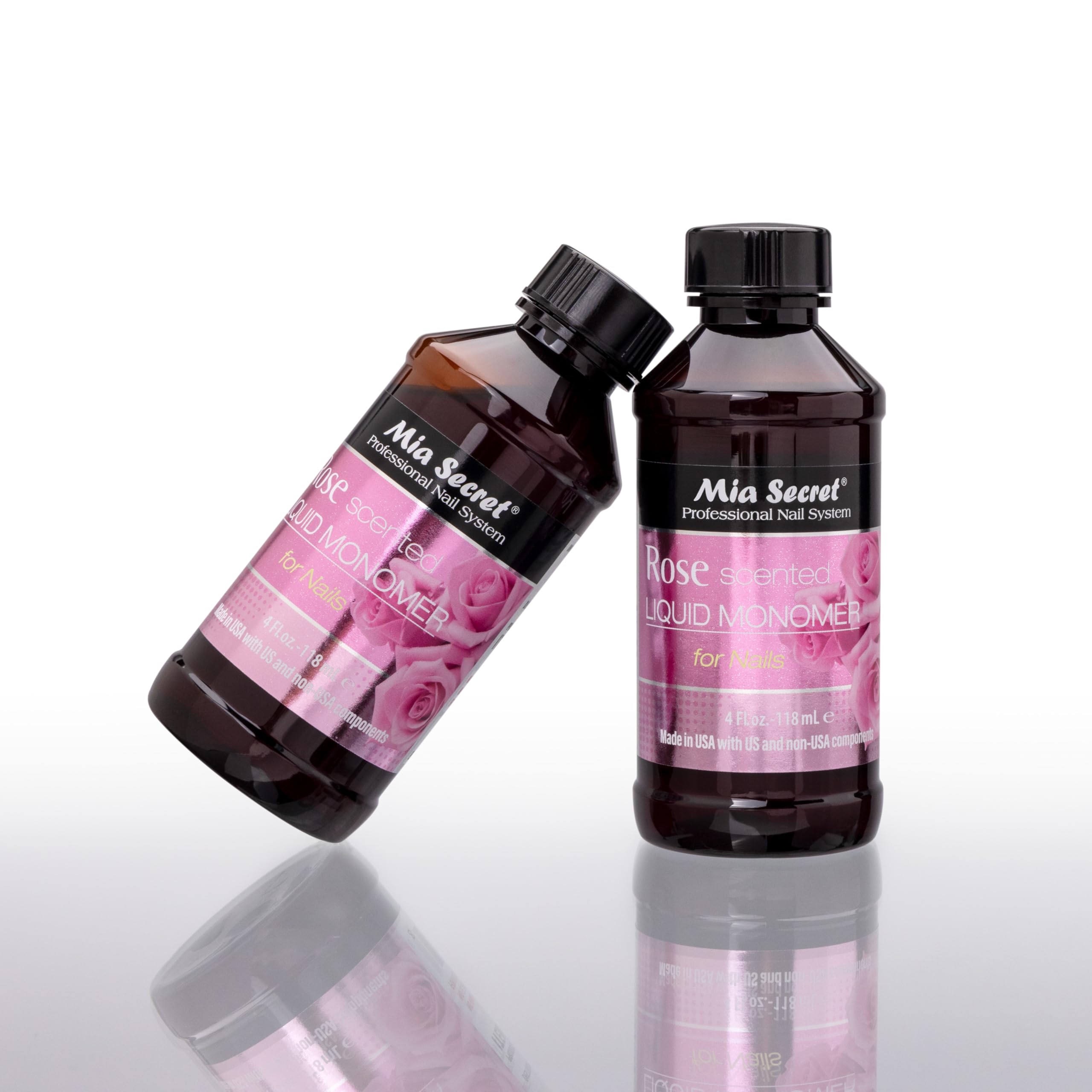 Authentic Mia Secret liquid monomer bottle displayed upright for salon professional use.