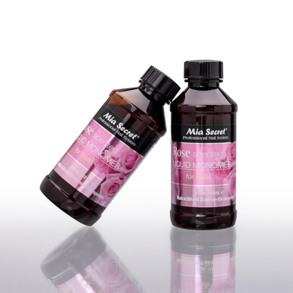 Authentic Mia Secret liquid monomer bottle displayed upright for salon professional use.