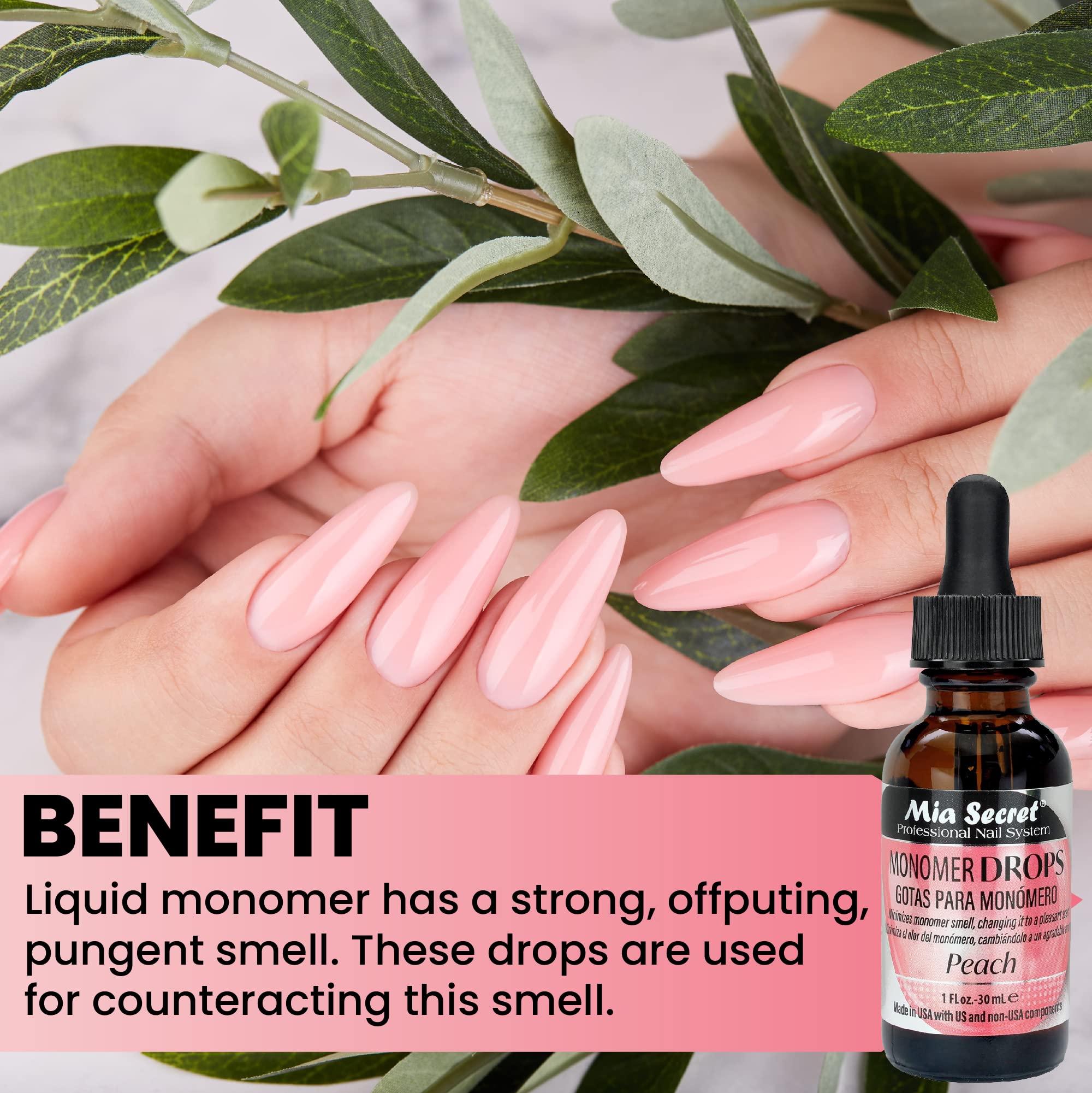 One fluid ounce packaging of Mia Secret peach scented monomer neutralizer