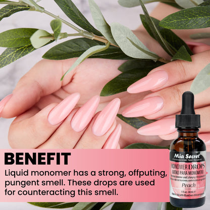 One fluid ounce packaging of Mia Secret peach scented monomer neutralizer