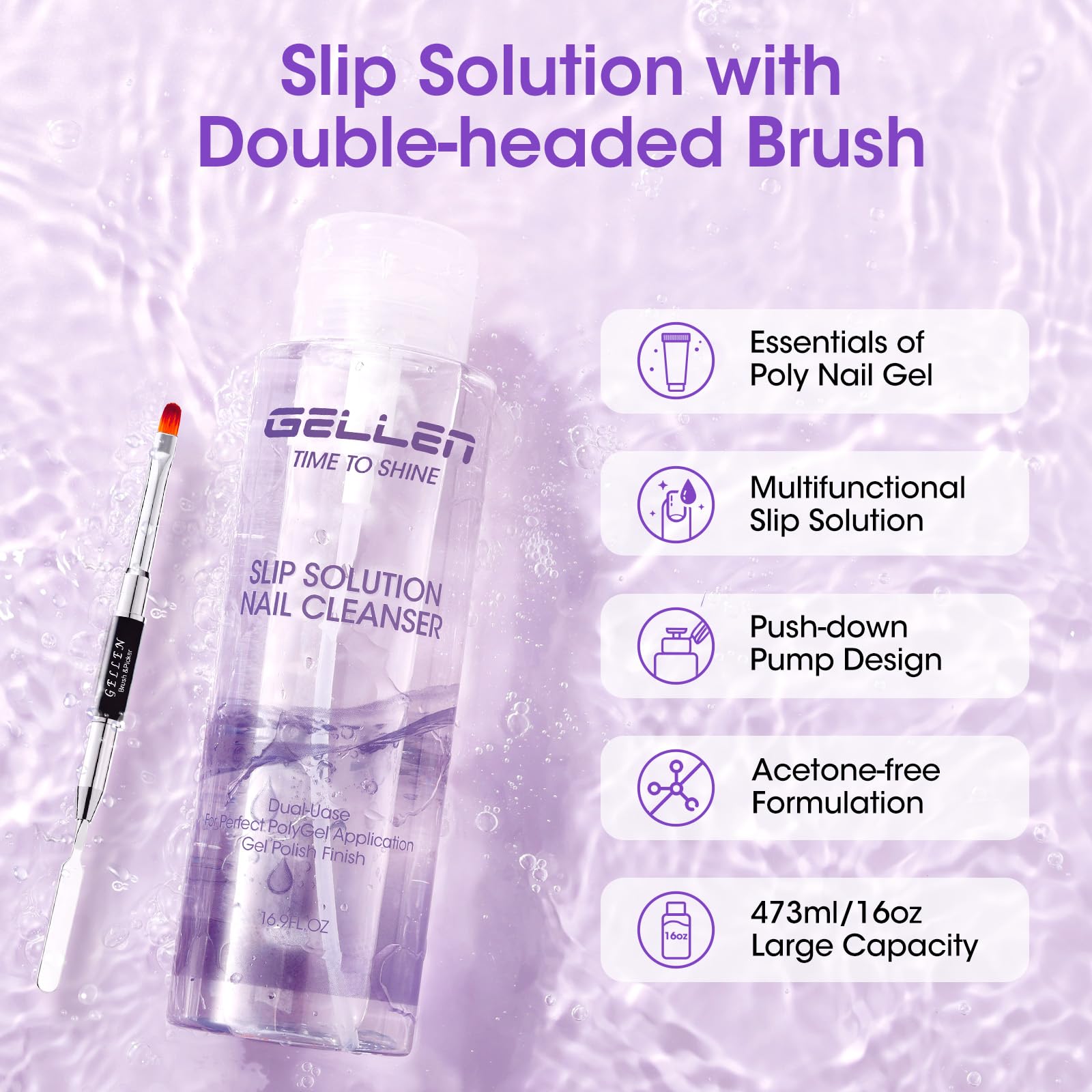 Gellen anti stick liquid dispensing from the lockable pump bottle onto a professional nail art brush.