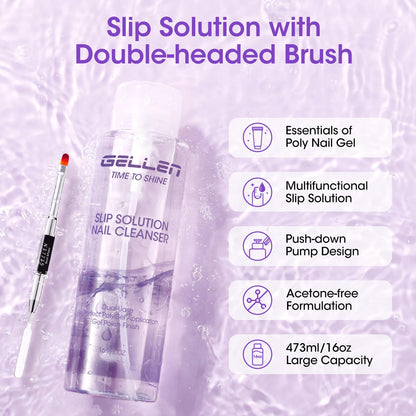 Gellen anti stick liquid dispensing from the lockable pump bottle onto a professional nail art brush.
