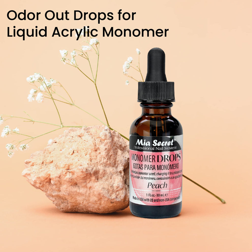 Close up of Mia Secret monomer drops label details
