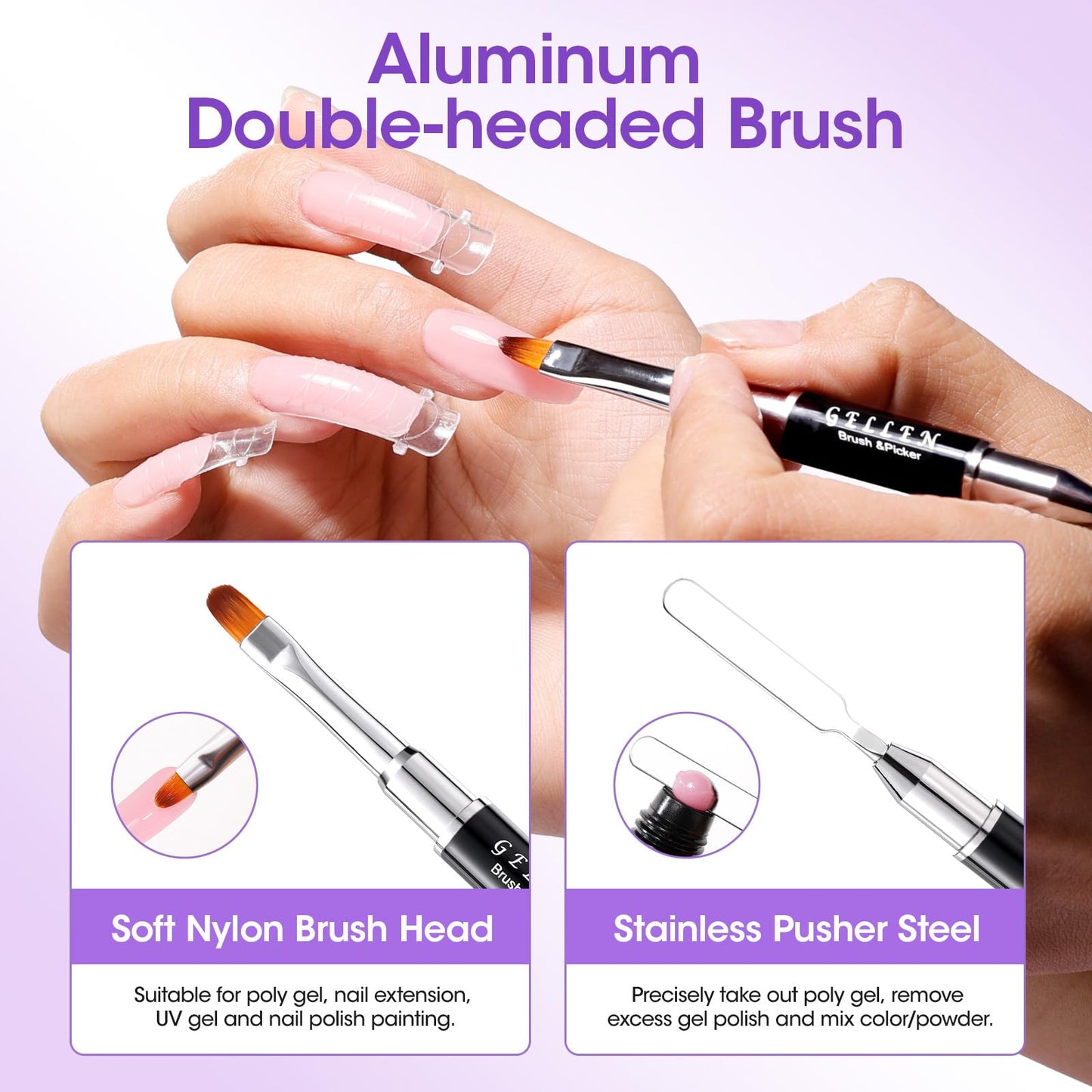 Gellen sixteen ounce polygel liquid kit alongside professional nail extension tools for home manicures.