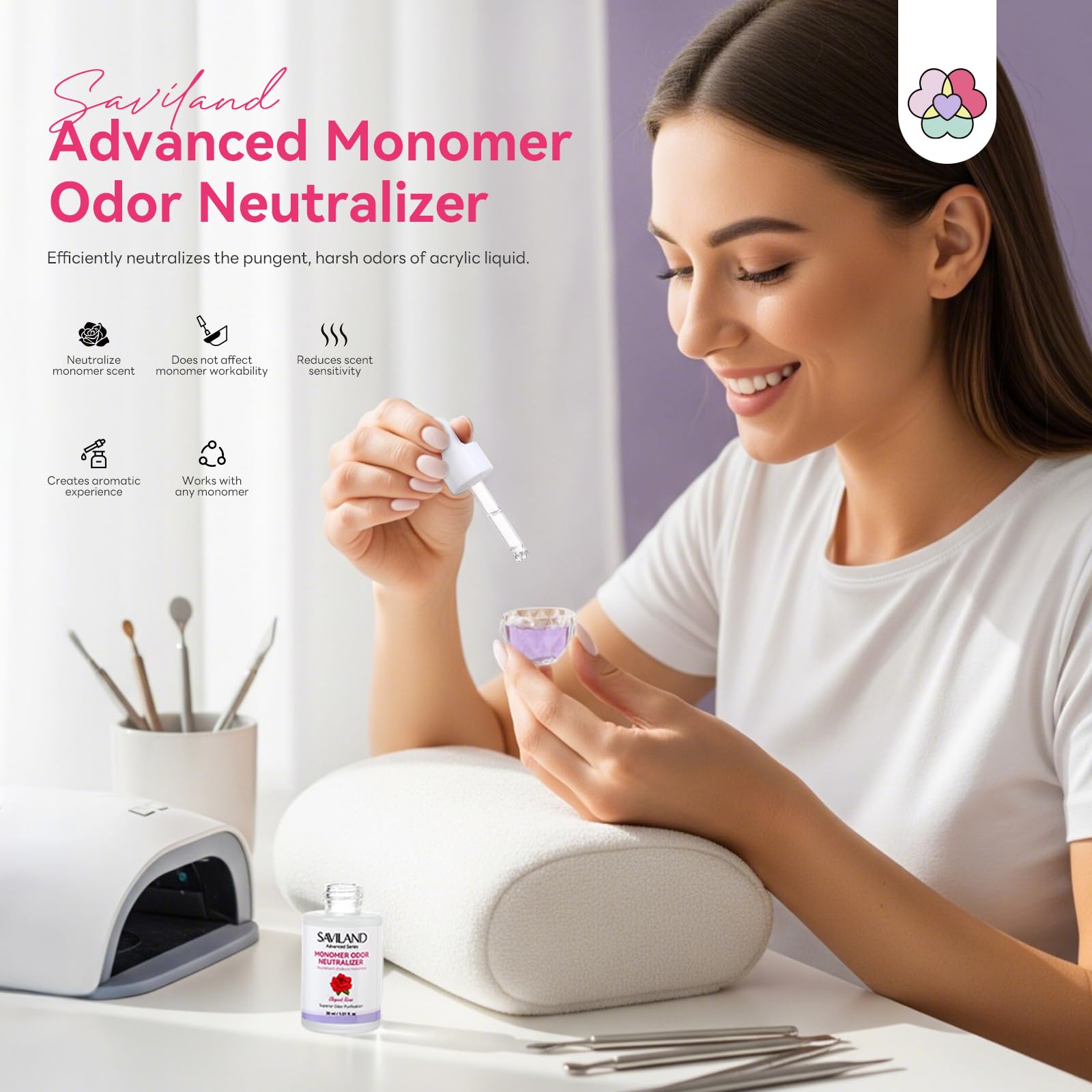 Close up of Saviland rose scent monomer odor neutralizer liquid being added to a dappen dish.