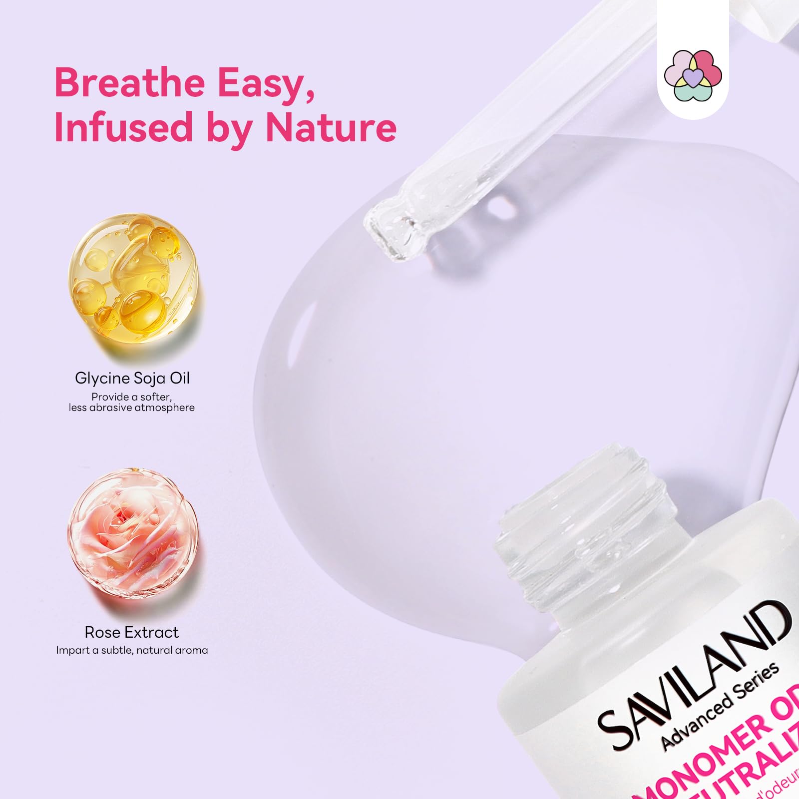 Saviland rose scented monomer neutralizer bottle alongside acrylic powder and salon tools.