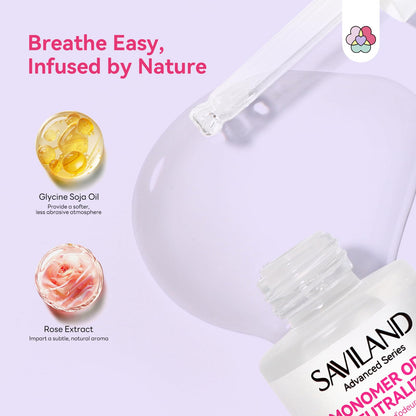 Saviland rose scented monomer neutralizer bottle alongside acrylic powder and salon tools.