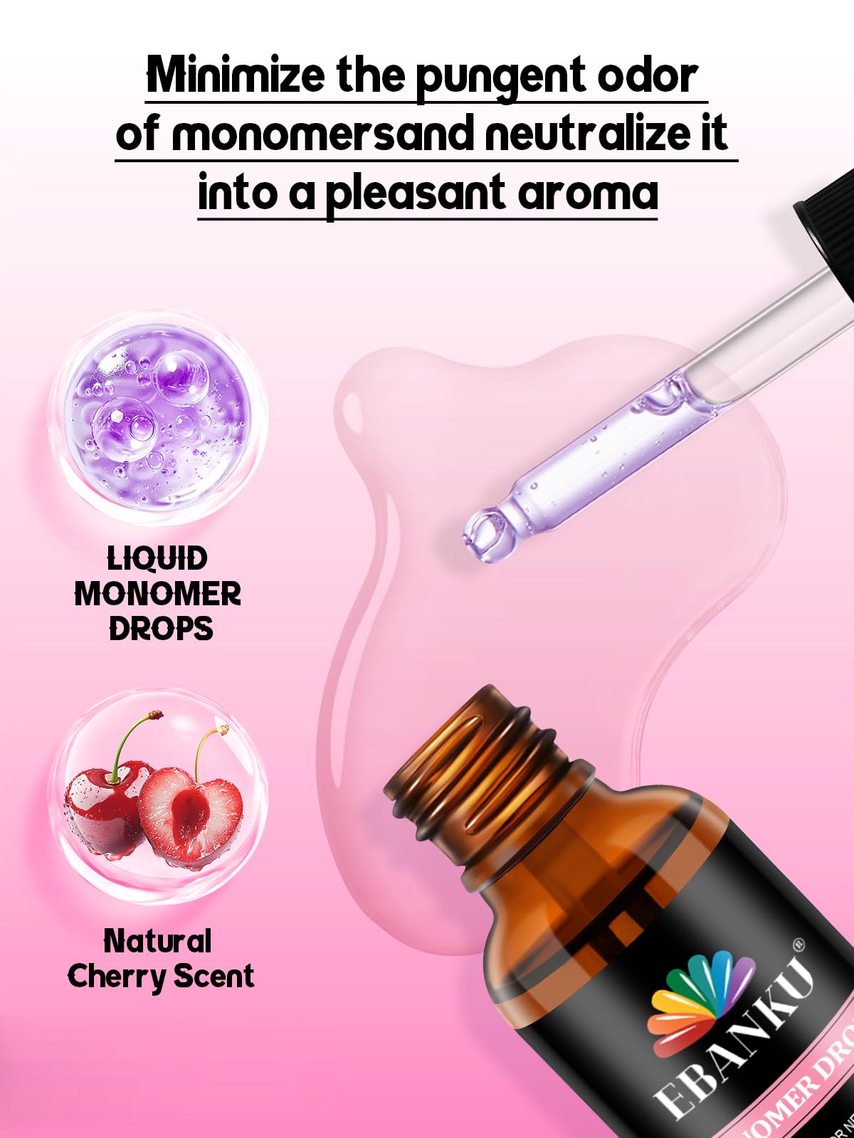 EBANKU acrylic liquid neutralizer dropper bottle showing cherry fragrance ingredients label.
