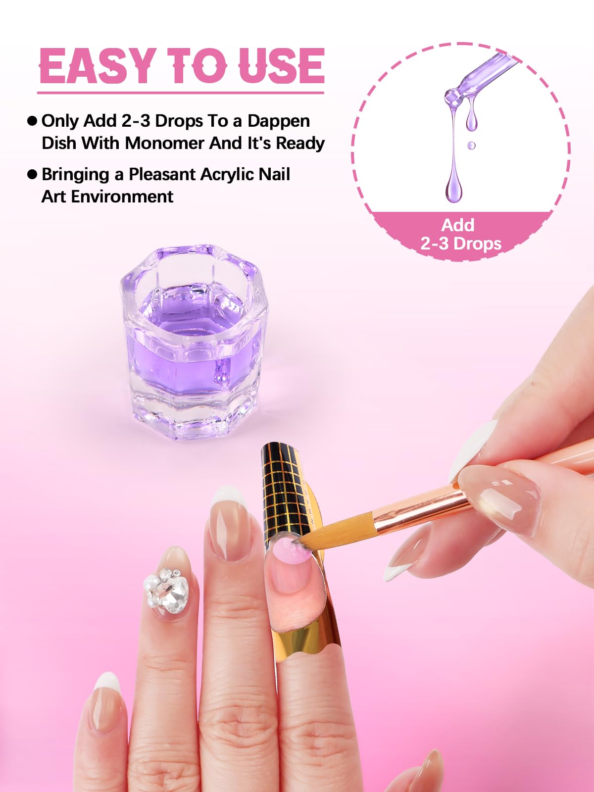Nail technician applying EBANKU odor out drops into a glass dappen dish containing monomer.