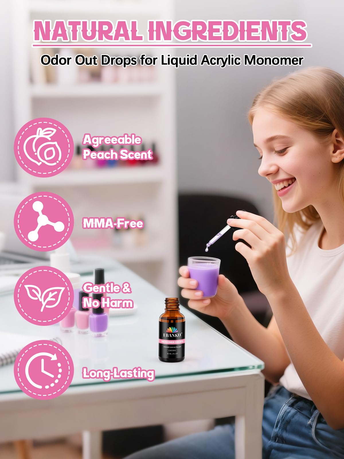 EBANKU 30ml monomer smell eliminator packaging box displaying product usage instructions.