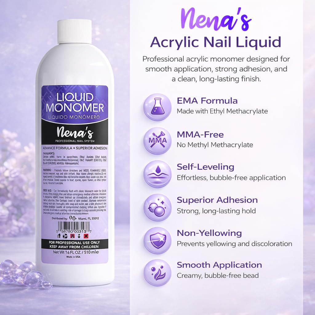 Nena's GlamourShield acrylic nail liquid monomer packaging detailing the no methyl methacrylate formulation.