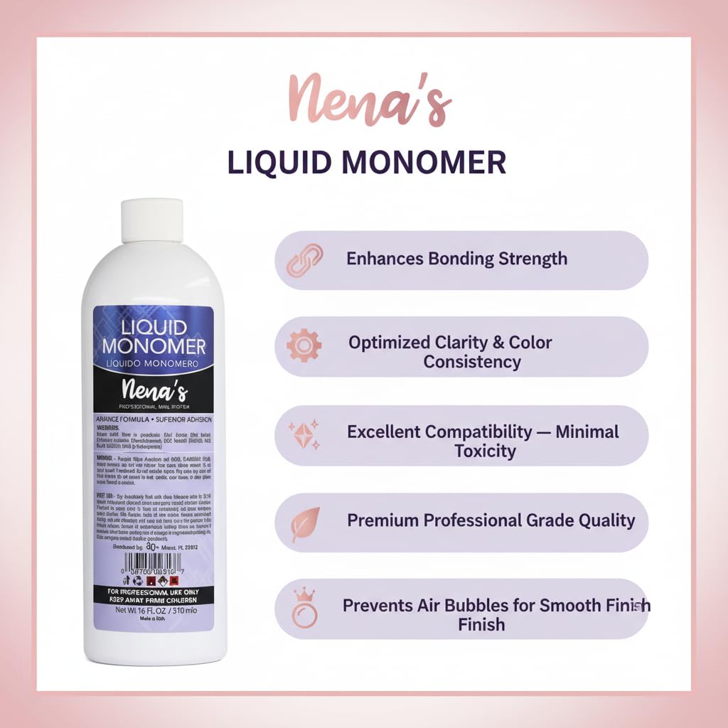 Sixteen fluid ounce bottle of Nena's professional acrylic liquid showing clear liquid product for salon use.