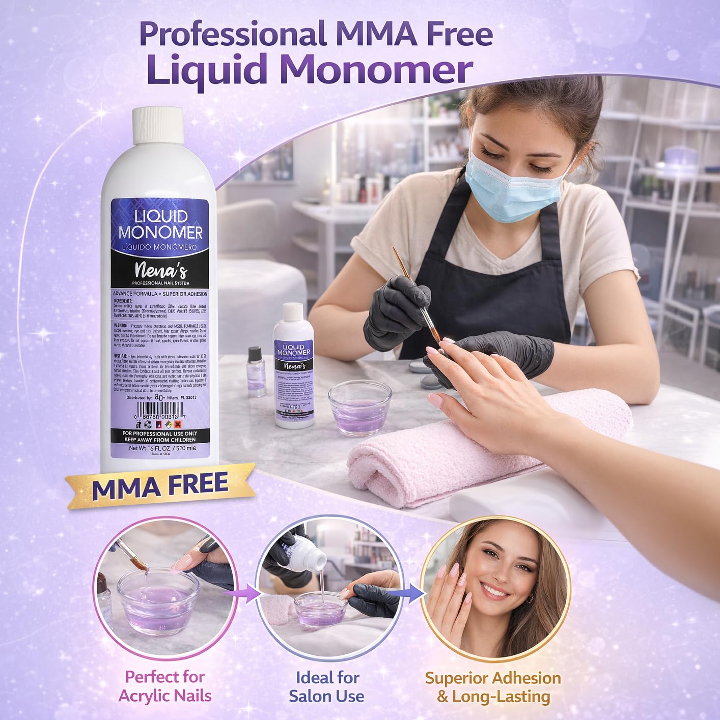 Nena's professional nail system liquid monomer bottle highlighting the non-yellowing and quick dry features.