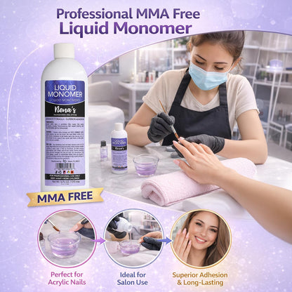 Nena's professional nail system liquid monomer bottle highlighting the non-yellowing and quick dry features.