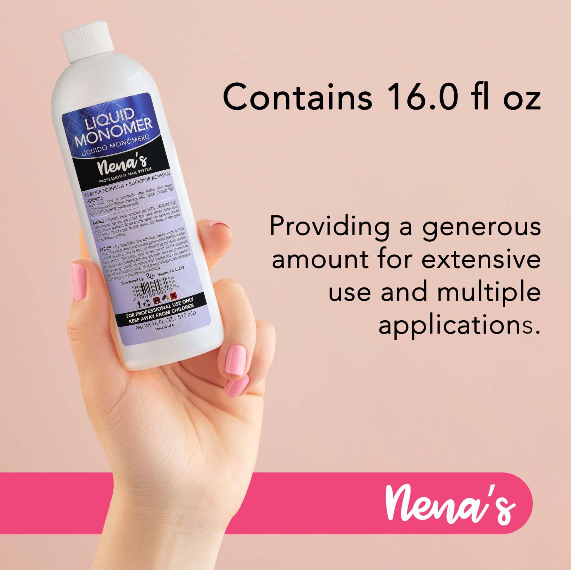 Nena's liquid monomer container detailing product safety instructions and safe handling guidelines.