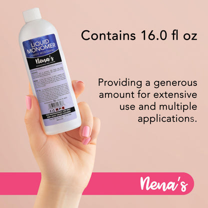 Nena's liquid monomer container detailing product safety instructions and safe handling guidelines.