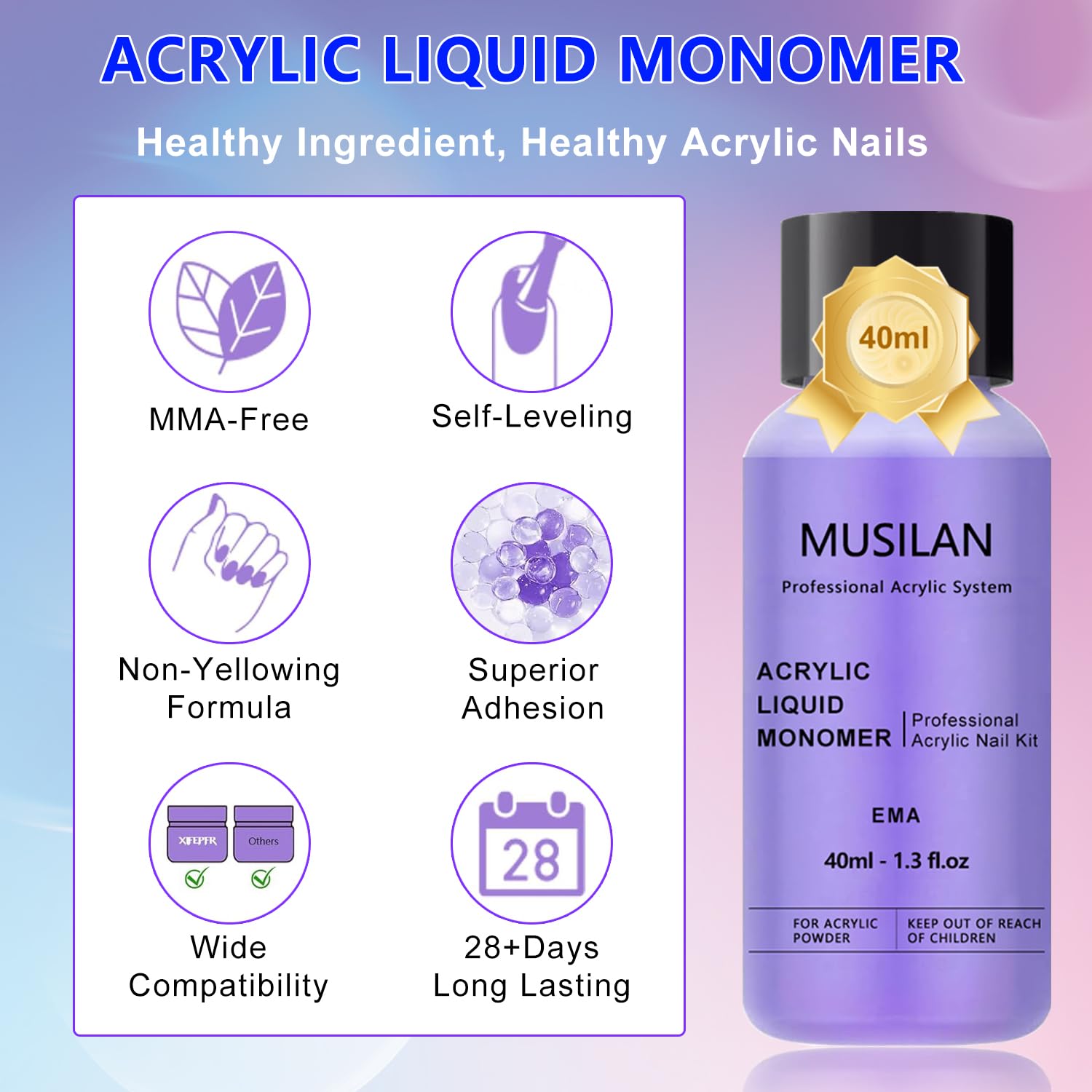 Musilan liquid monomer for acrylic nails powder extension showing professional packaging details and fluid ounce measurements.