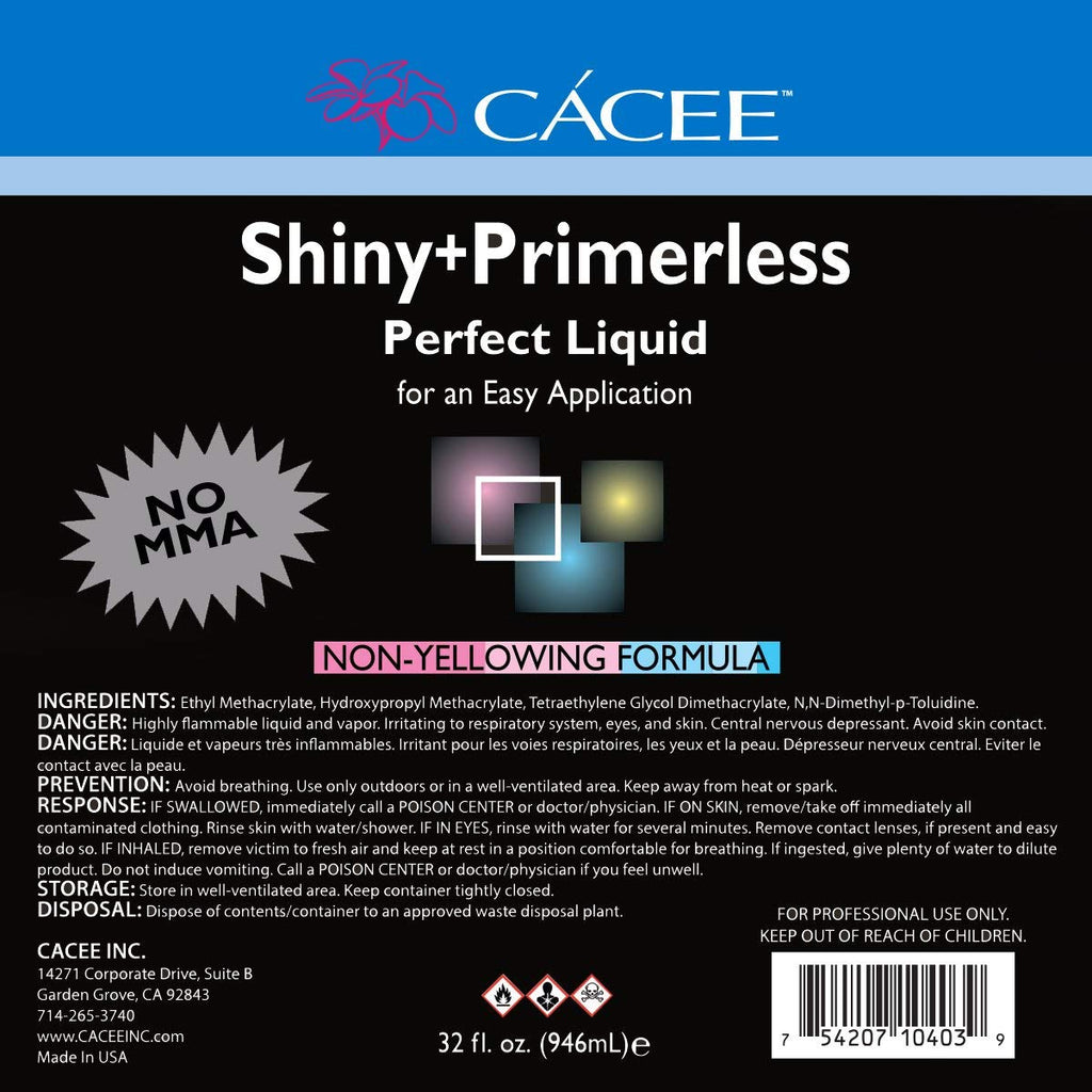 Cacee primerless nail monomer thirty two fluid ounces back label