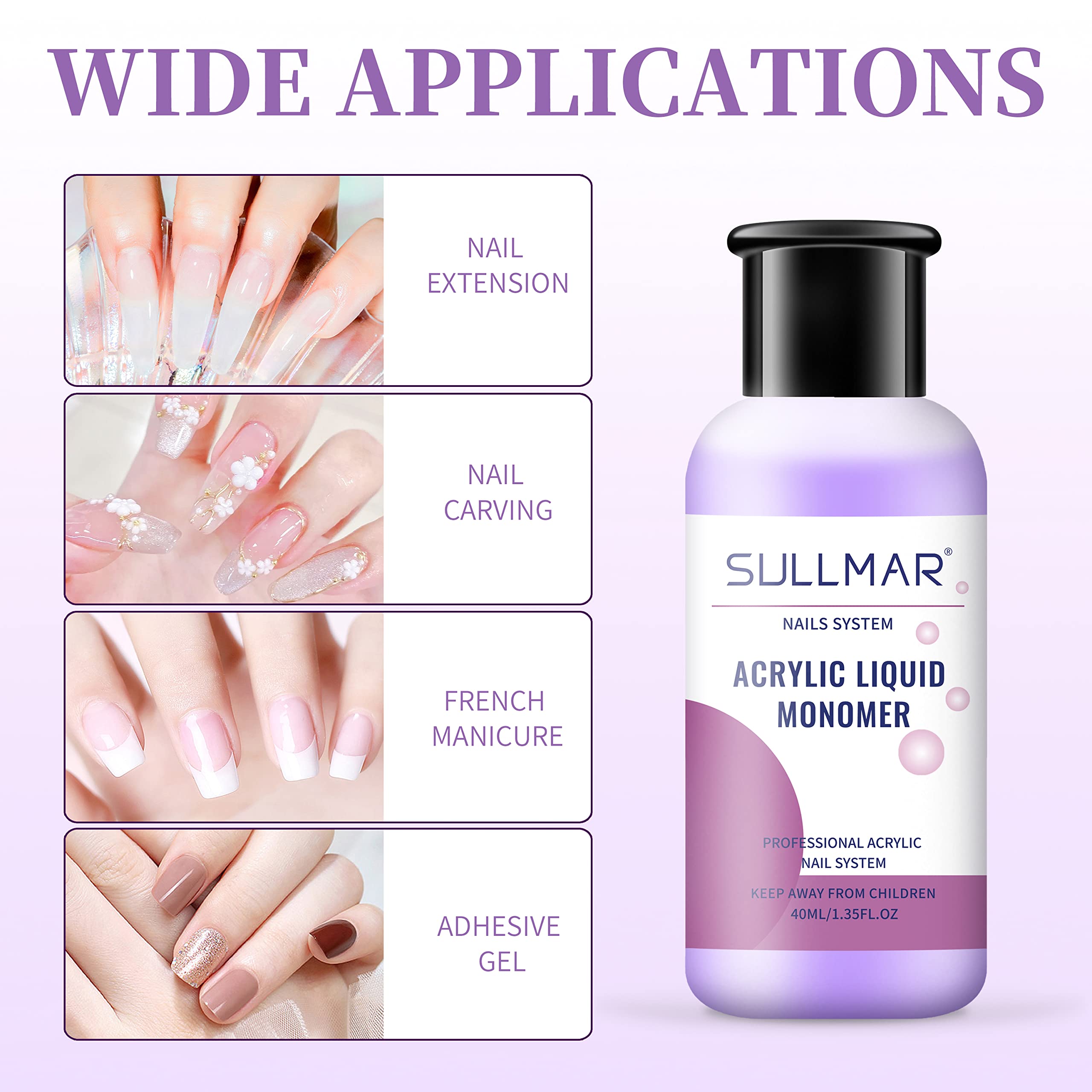 Sullmar non yellowing acrylic liquid monomer bottle alongside flawless clear nail art tips.