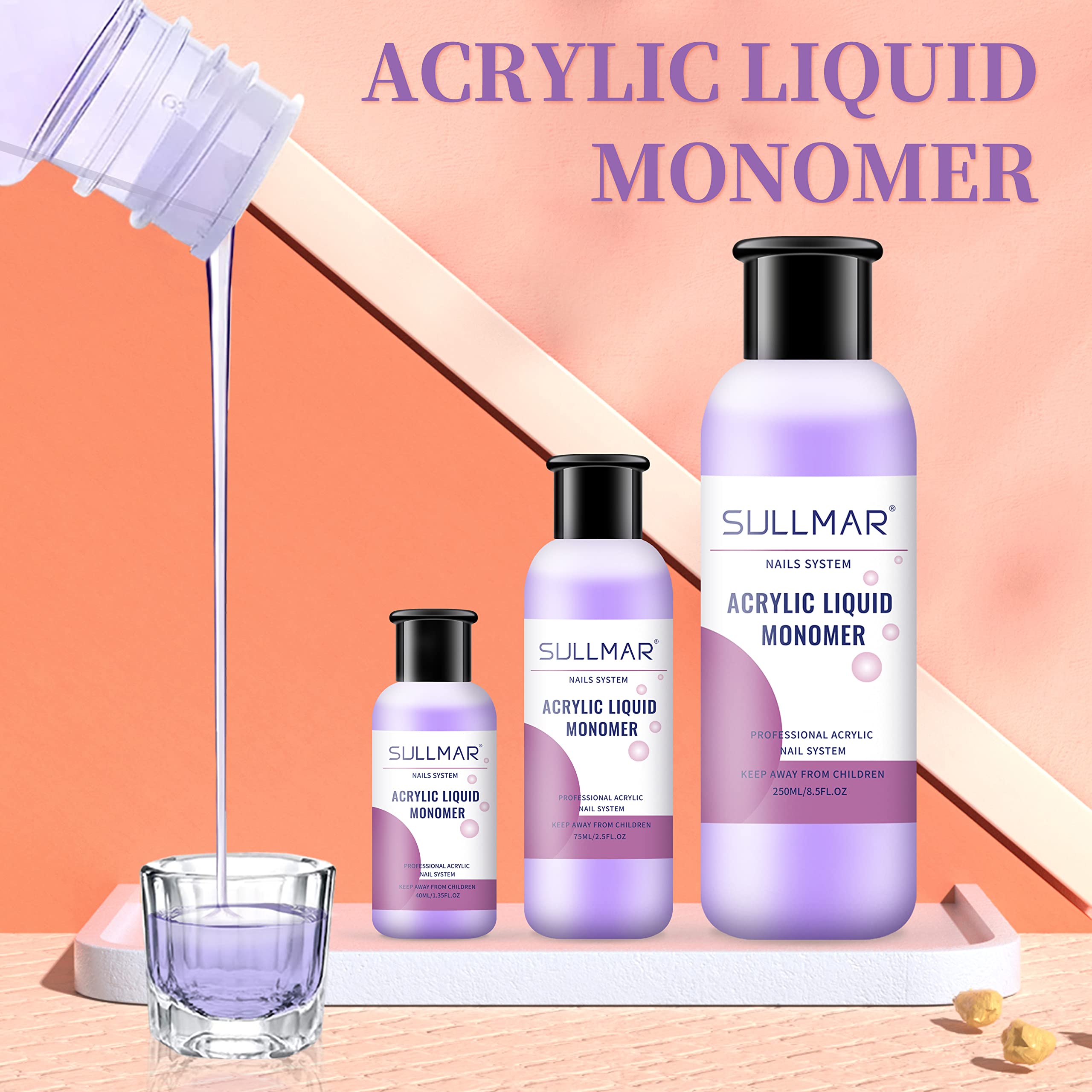 Nail technician dipping brush into Sullmar professional monomer liquid for sculpting.