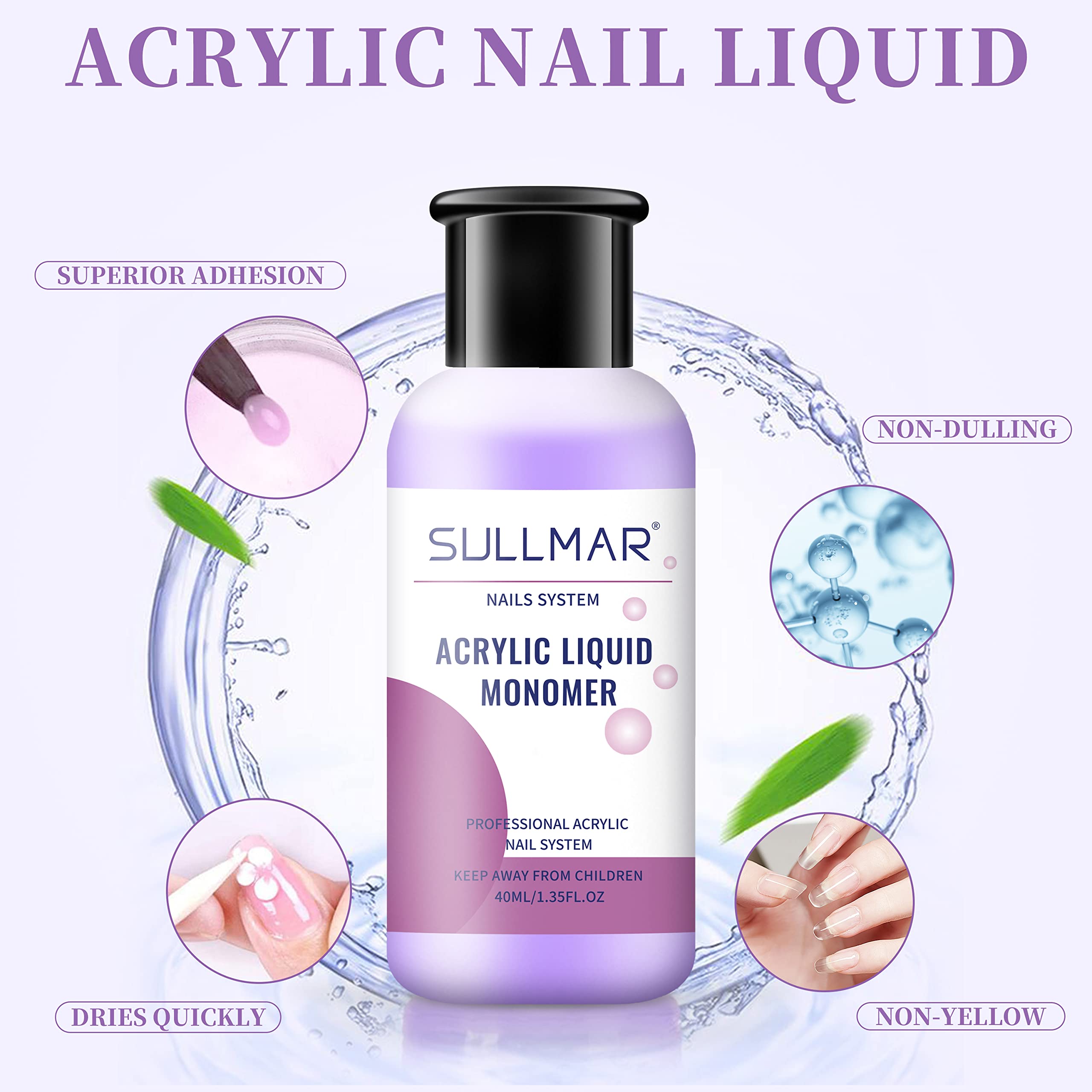Sullmar 1.35 fluid ounce monomer liquid bottle demonstrating compact size and packaging details.