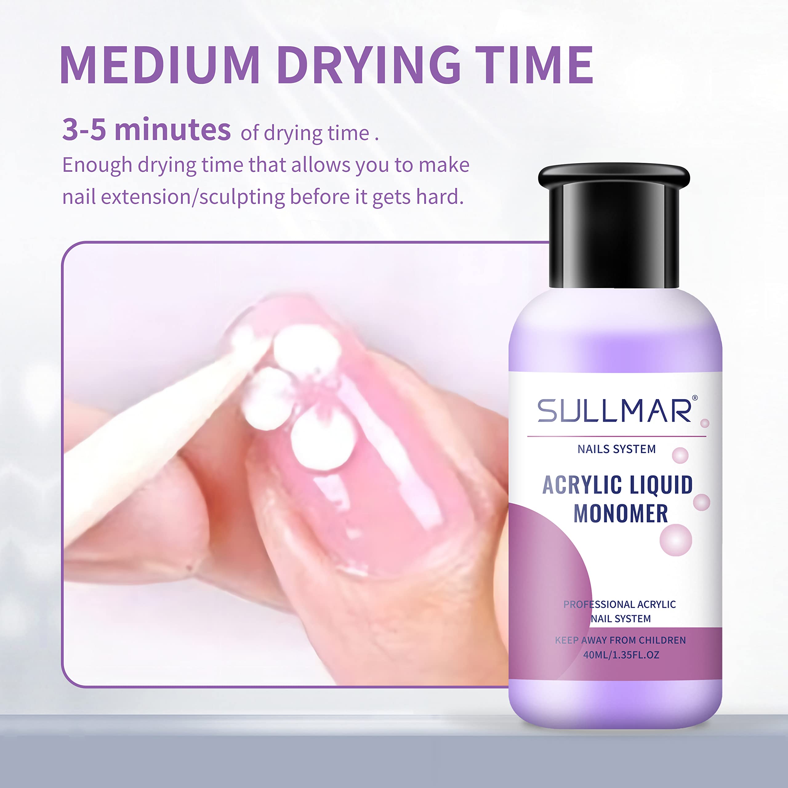 Close up view of the secure cap and clear label on Sullmar acrylic nail liquid.