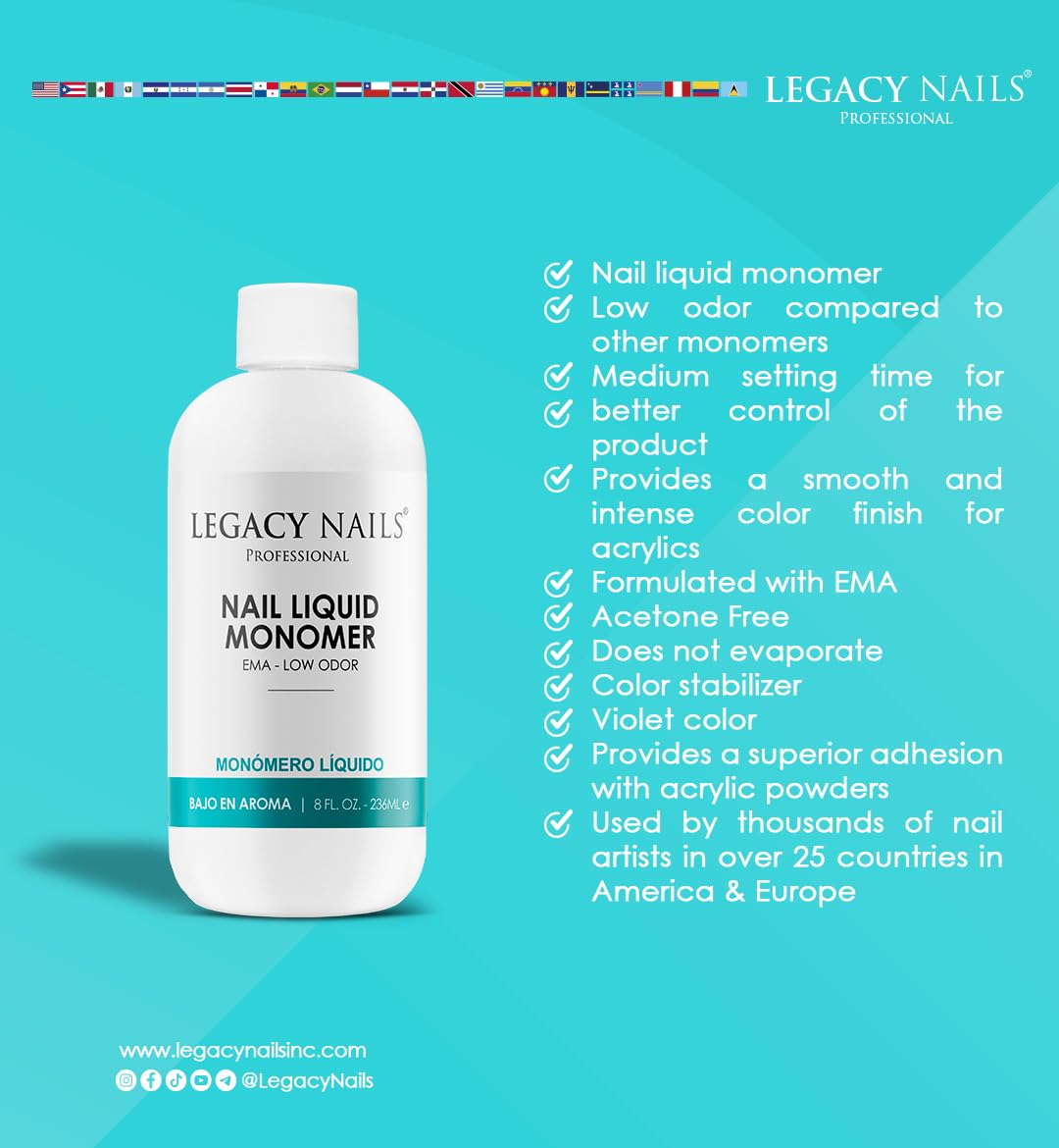 Legacy Nails low odor acrylic monomer fluid ounce bottle for professional salon use.