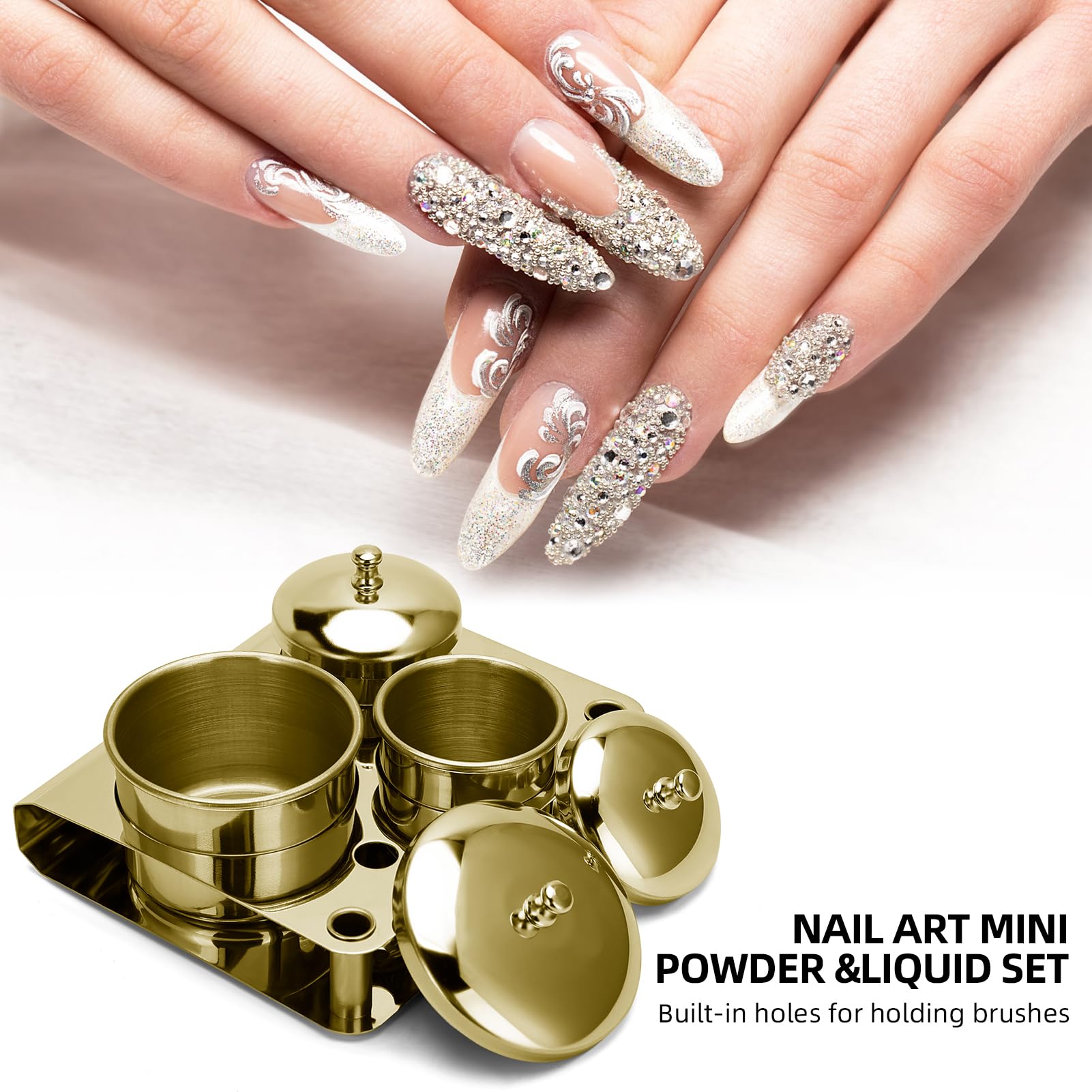 The two smaller gold powder containers nested neatly beside the large acrylic liquid container for space saving storage