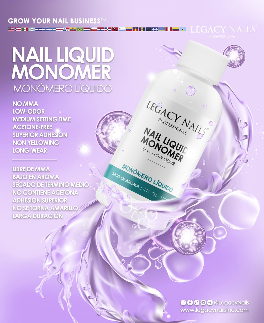 Legacy Nails professional EMA based monomer liquid for clear acrylic spheres.