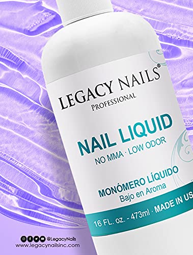 Side view of Legacy Nails 16 fluid ounce bottle showing product safety information.