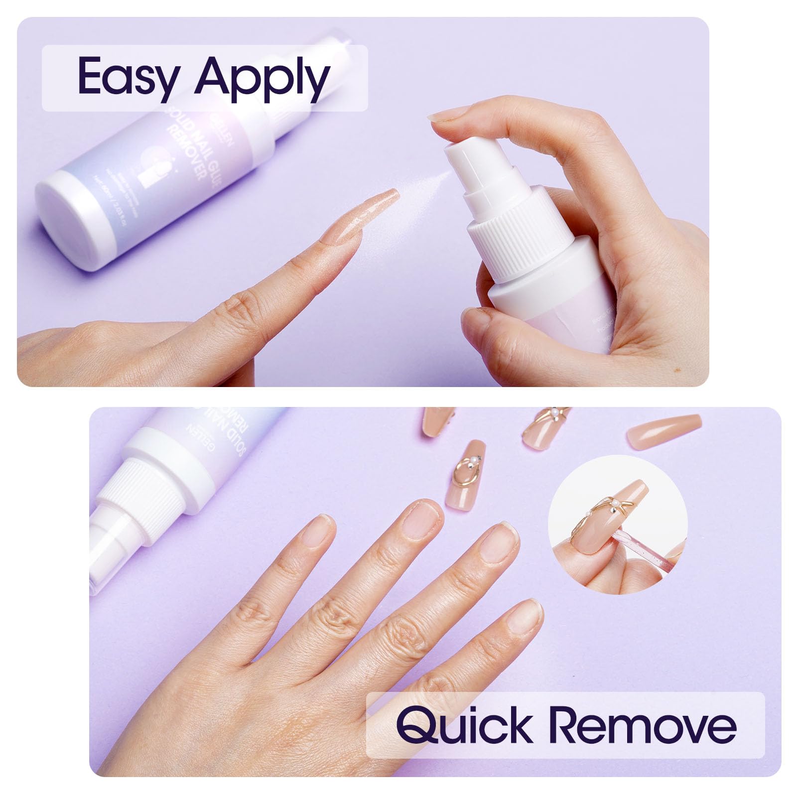 Gellen false nail remover liquid being sprayed onto the edges of a press on nail