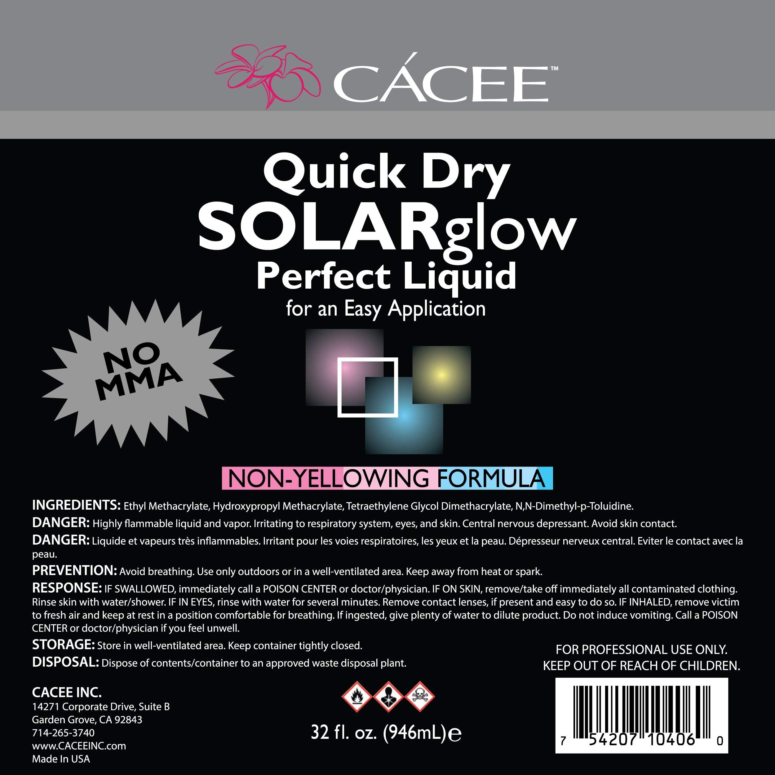Cacee quick dry solar glow sculpting monomer liquid bottle with clear professional application labeling details