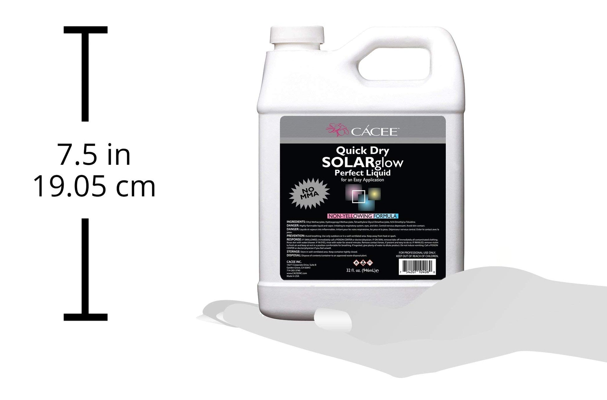 Back label of authentic Cacee non yellowing MMA free acrylic nail monomer showcasing product specifications