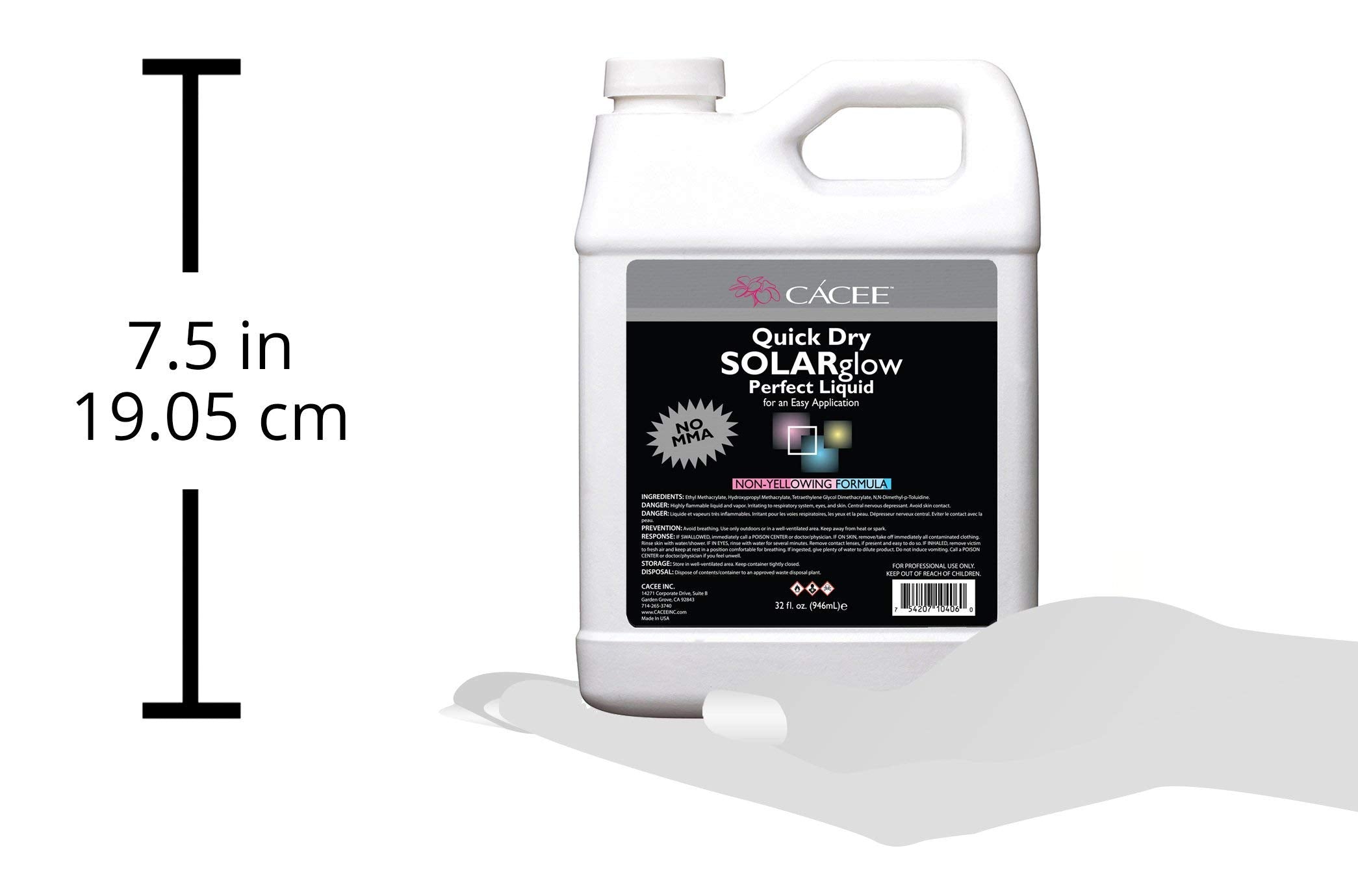 Back label of authentic Cacee non yellowing MMA free acrylic nail monomer showcasing product specifications