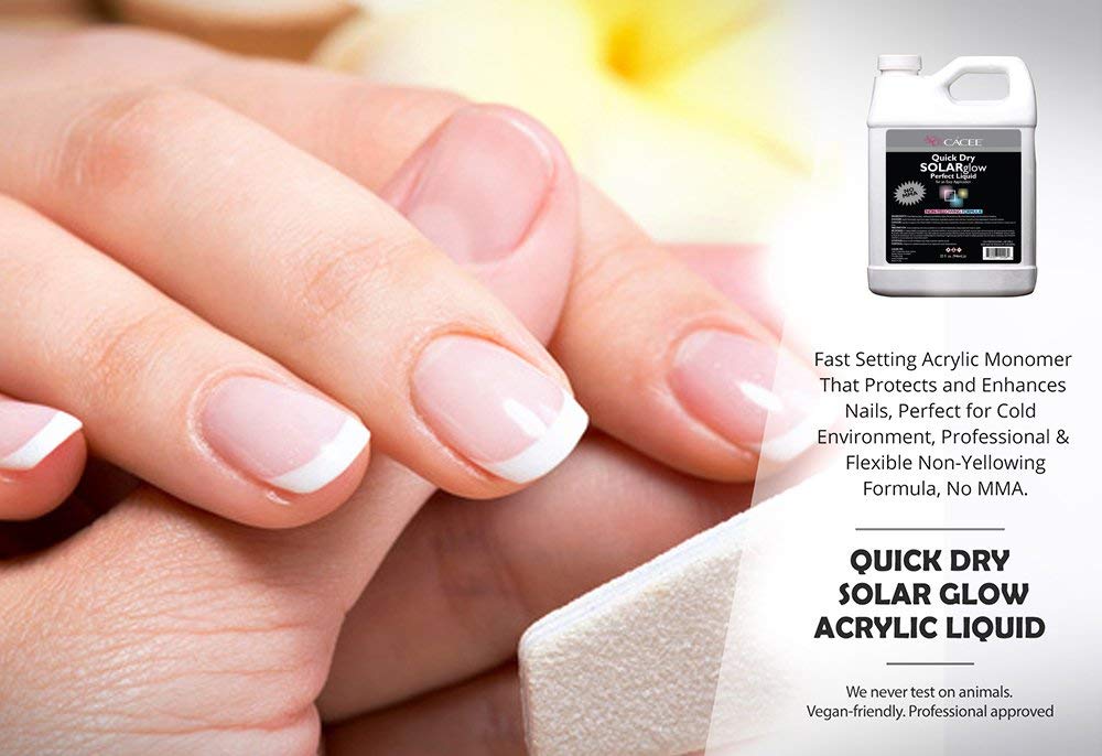 Side profile of premium USA imported Cacee solar glow quick drying acrylic liquid for professional nail technicians