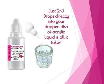 Sheba Nails watermelon scented monomer drops showcasing the half ounce packaging size details.