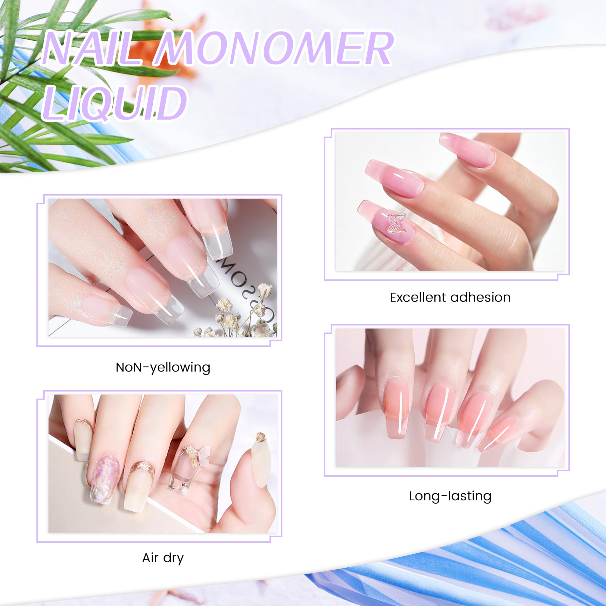 Professional acrylic liquid monomer packaging highlighting three to five minute natural air drying time